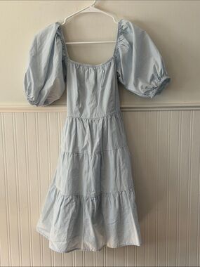 Sim &Sam Light Blue Puff Sleeve Tiered Midi Dress
